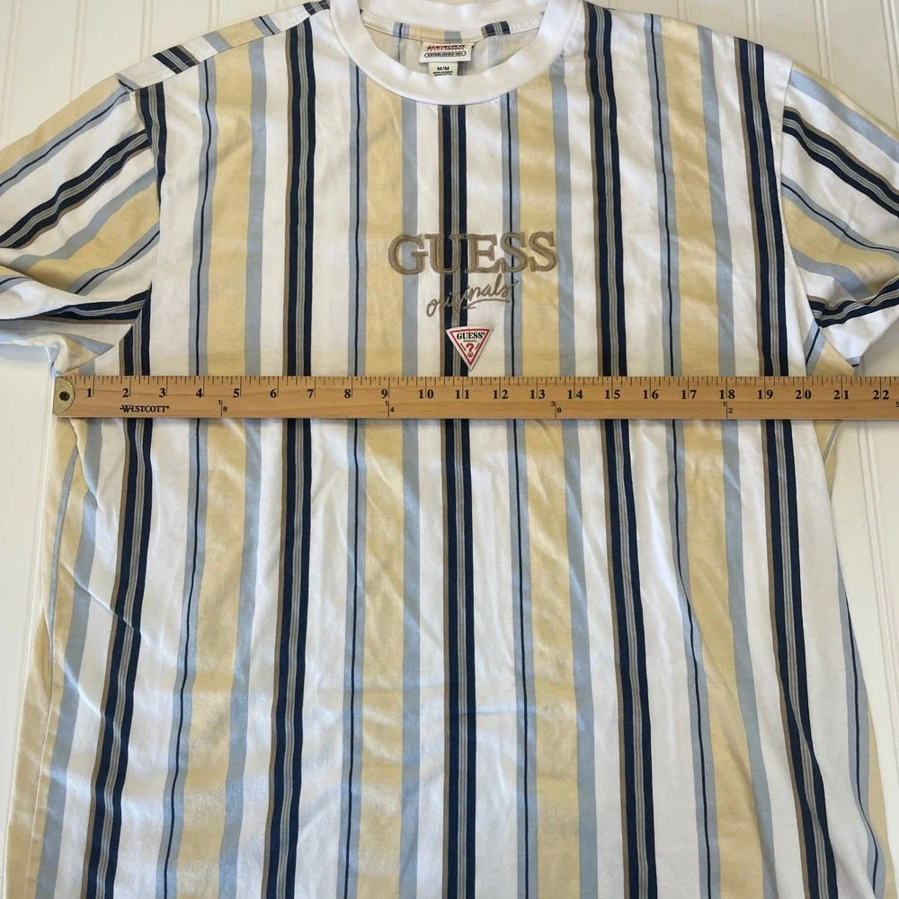 GUESS Originals Mens Vertical Stripe Logo T-Shirt Yellow Blue Medium - Picture 4 of 7